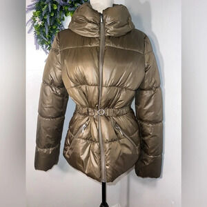 H&M, 6,long sleeve, zip closure, zip pocket cowl collar mid length, pufferjacket